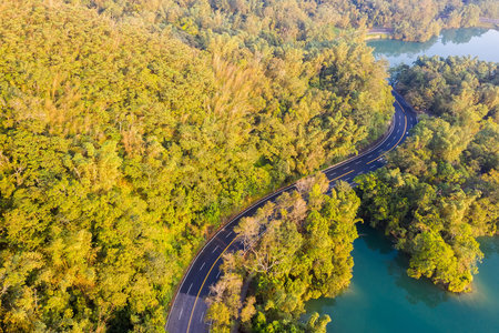 aerial view of a road with forest in Sun Moon Lake at Nantou, Taiwanの写真素材