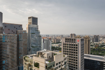 Taichung, Taiwan - September 27th, 2019: cityscape of Taichung city with skyscrapers and buildings...