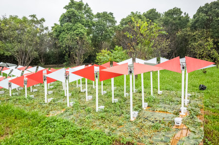 Taoyuan, Taiwan - September 13th, 2019: Taoyuan Land Art Festival in the raining day with tourists,...