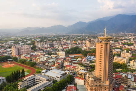 Nantou, Taiwan - September 25th, 2019: sunset landscape aerial view of Puli town with buildings, Nantou, Taiwanのeditorial素材