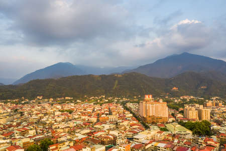 Nantou, Taiwan - September 25th, 2019: sunset landscape aerial view of Puli town with buildings, Nantou, Taiwanのeditorial素材