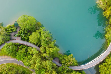 landscape of path over water in aerial view at Sun Moon Lake, Nantou, Taiwan