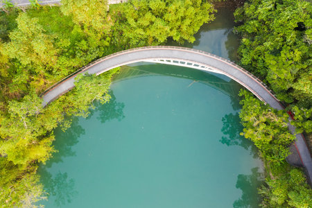 landscape of path over water in aerial view at Sun Moon Lake, Nantou, Taiwan