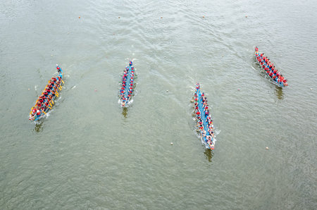 Taipei, Taiwan - Jun 8th, 2019: competitive boat racing in the traditional Dragon Boat Festival in...