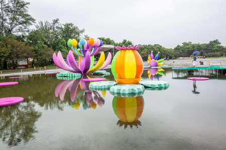 Taoyuan, Taiwan - September 13th, 2019: Taoyuan Land Art Festival in the raining day with tourists, Taoyuan City, Taiwanのeditorial素材