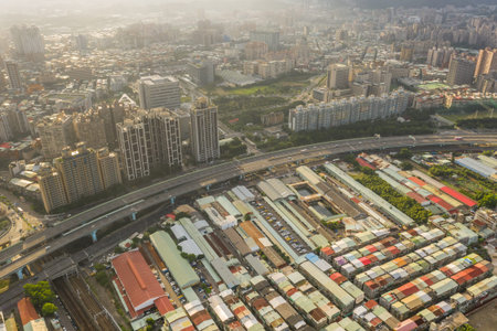 Banqiao, Taiwan - October 20th, 2019: aerial view of morning cityscape with in Banqiao, New Taipei...