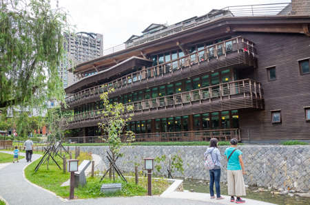 Taipei, Taiwan - August 18th, 2019: famous environmentally friendly architecture of Beitou library in wooden structure, Beitou, Taipei, Taiwan.のeditorial素材