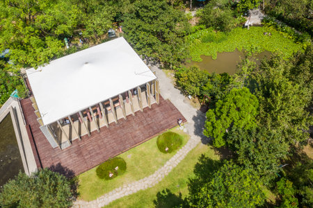 Puli, Taiwan - October 6th, 2019: aerial view of Paper Dome at Taomi village, Nantou county, Taiwan, Asiaのeditorial素材