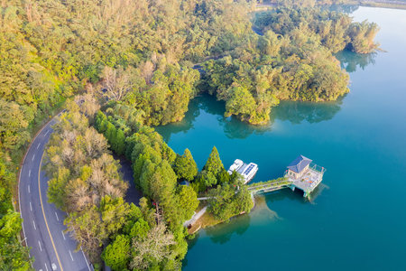 landscape of house over water in famous Sun Moon Lake at Nantou, Taiwan