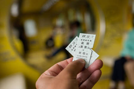 Nantou, Jiji, Taiwan - October 7th, 2019: tickets of Taiwan first mobile museum, National Jiji Museum, with yellow bright colorのeditorial素材