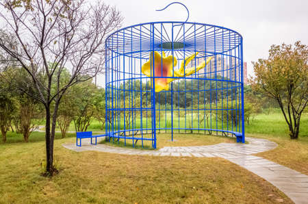 Taoyuan, Taiwan - September 13th, 2019: Taoyuan Land Art Festival in the raining day with tourists, Taoyuan City, Taiwanのeditorial素材