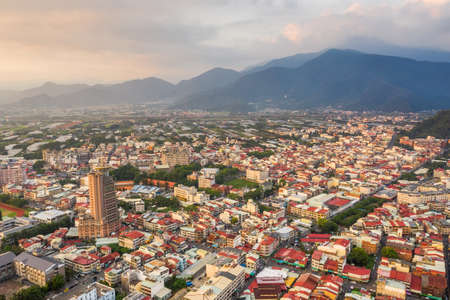 Nantou, Taiwan - September 25th, 2019: sunset landscape aerial view of Puli town with buildings, Nantou, Taiwanのeditorial素材