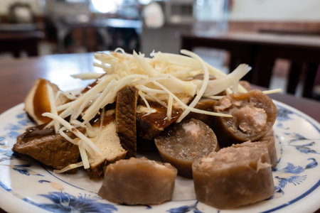 taiwanese special snack of sticky rice sausage on a plate