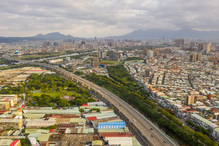 Banqiao, Taiwan - October 20th, 2019: aerial view of morning cityscape with in Banqiao, New Taipei...