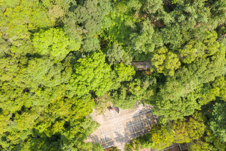 Puli, Taiwan - September 13th, 2019: aerial view of the stele of Taiwan's Geographical Center, Puli...