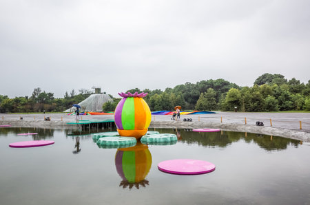 Taoyuan, Taiwan - September 13th, 2019: Taoyuan Land Art Festival in the raining day with tourists,...