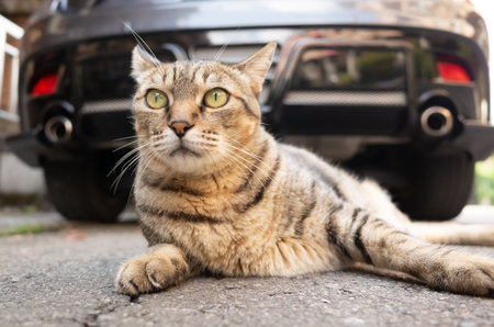 lazy tabby cat sleep on a ground in front of a car