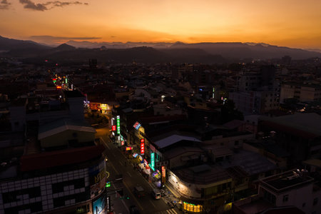 Nantou, Taiwan - November 5th, 2019: aerial view of Puli town with buildings in the evening, Nantou,...
