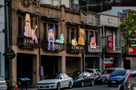 Tainan City, Taiwan - Feb 3rd, 2020: Asian lantern decoration on the buildings during the Chinese New Year with crowd at Yanshui, Tainan, Taiwanのeditorial素材