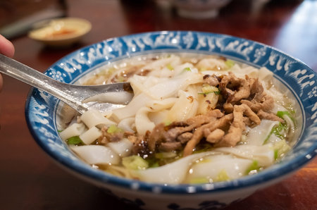 traditional food of taiwanese hakka flat noodles in a bow