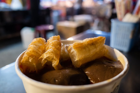 Taiwanese snacks of spicy pork blood hot pot in the night marketplace