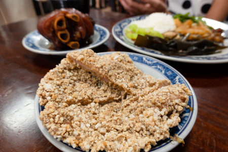 fried pork on a dish in the restaurant at Taiwan