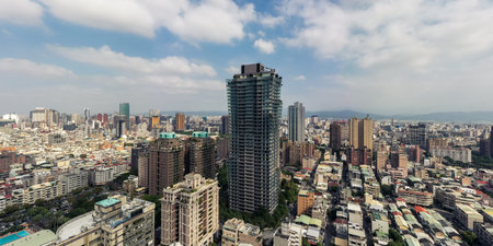Taichung, Taiwan-November 21th, 2019: panoramic cityscape of Taichung city with skyscrapers and blue...