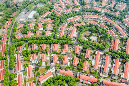 Caotun, Taiwan-October 31th, 2019: aerial view of street scenery with old house and trees at Zhongxing New Village, Nantou, Taiwanのeditorial素材