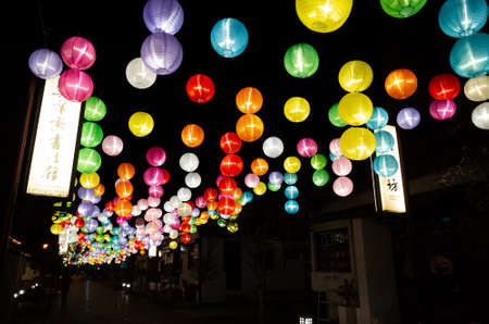 Changhua, Taiwan-Jan 20th, 2020: colorful lanterns hanging up at lukang old street, Changhua, Taiwanのeditorial素材