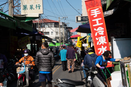 Nantou, Taiwan-Jan 9th, 2020: people walk and shopping in the traditional market at Puli town,...