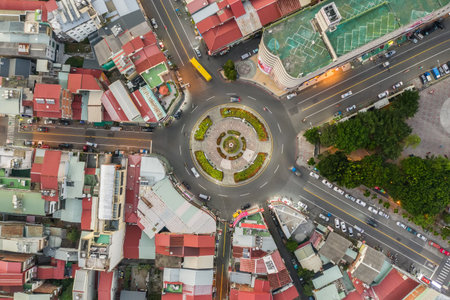 Nantou, Taiwan-November 5th, 2019: aerial view of Puli town with buildings in the evening, Nantou,...