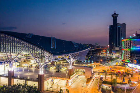 Taichung, Taiwan-Feb 19th, 2020: night scene of Taichung Train Station at Taichung City, Taiwan, Asiaのeditorial素材