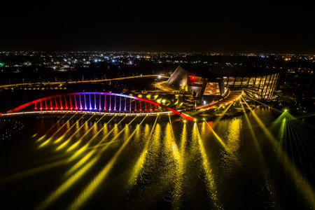 Chiayi, Taiwan-November 7th, 2019: aerial view of 3D laser show in Southern Branch of the National Palace Museum, Chiayi, Taiwan, Asiaのeditorial素材