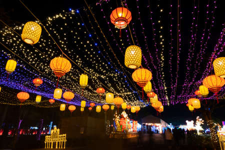 Taichung City, Taiwan-Feb 19rd, 2020: lantern festival with tourists and lanterns at Houli Horse Ranch in Taichung City, Taiwan, Asiaのeditorial素材