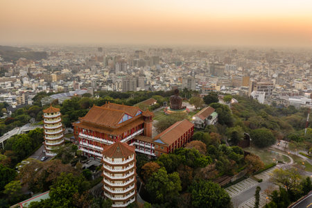 Changhua, Taiwan-Jan 20th, 2020: aerial view of big buddha statue at Bagua Mountain, Changhua city, Taiwan, Asiaのeditorial素材