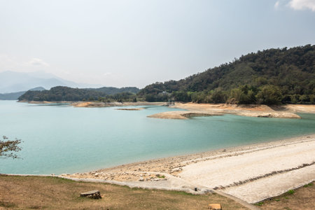 Nantou, Taiwan-March 12th, 2021: Drought affected landscape of Sun Moon Lake at Taiwan, Asia