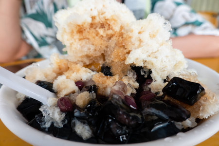 Taiwanese traditional shave ice with mesona black herbal teaの写真素材
