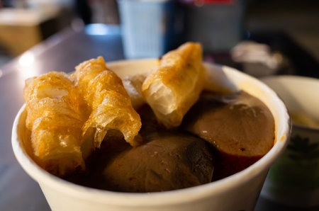 Taiwanese snacks of spicy pork blood hot pot in the night marketplace