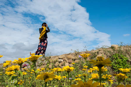 modern Asian woman walking at the colorful cosmo flowers farmの写真素材