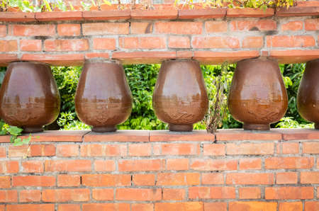 brick wall with pottery decoration at Taiwanの写真素材