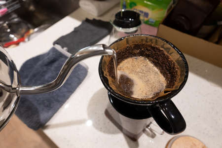 pour-over coffee concept with water on the tableの写真素材