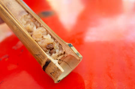 taiwanese snacks of rice cooked in bamboo tubesの写真素材