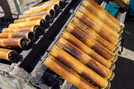 taiwanese snacks of rice cooked in bamboo tubesの写真素材