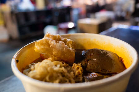 Taiwanese snacks of spicy pork blood hot pot in the night marketplaceの写真素材