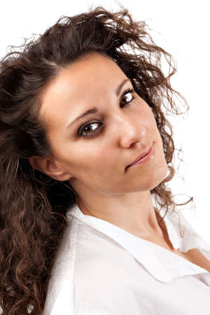 Beautiful woman in white shirt and pretty eyes on white backgroundの写真素材