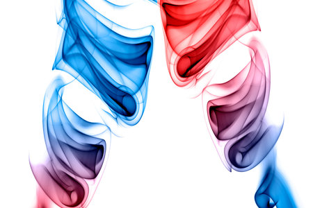 Blue and red smoke on white backgroundの写真素材