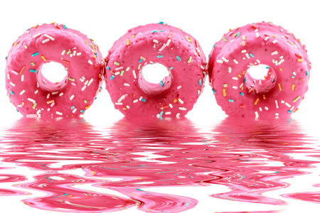 Strawberry donuts with chocolate shavings colors reflected in the water.Horizontal image.の写真素材