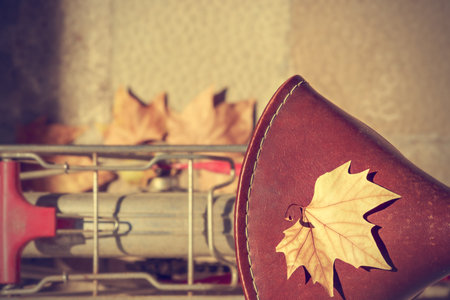 Autumn leaf over the saddle of an old bike. Vintage style. Concept arrival autumn. Horizontal image.の写真素材