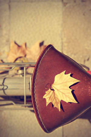 Autumn leaf over the saddle of an old bike. Vintage style. Concept arrival autumn. Vertical image.の写真素材