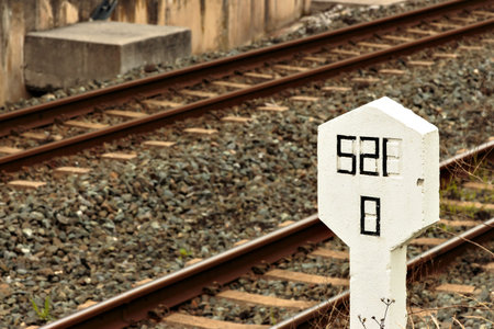 Stone signal in the railway line. Horizontal image.